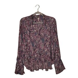 FREE PEOPLE $98 Collared Button Down Modern Muse‎ Blouse Blue Floral Small